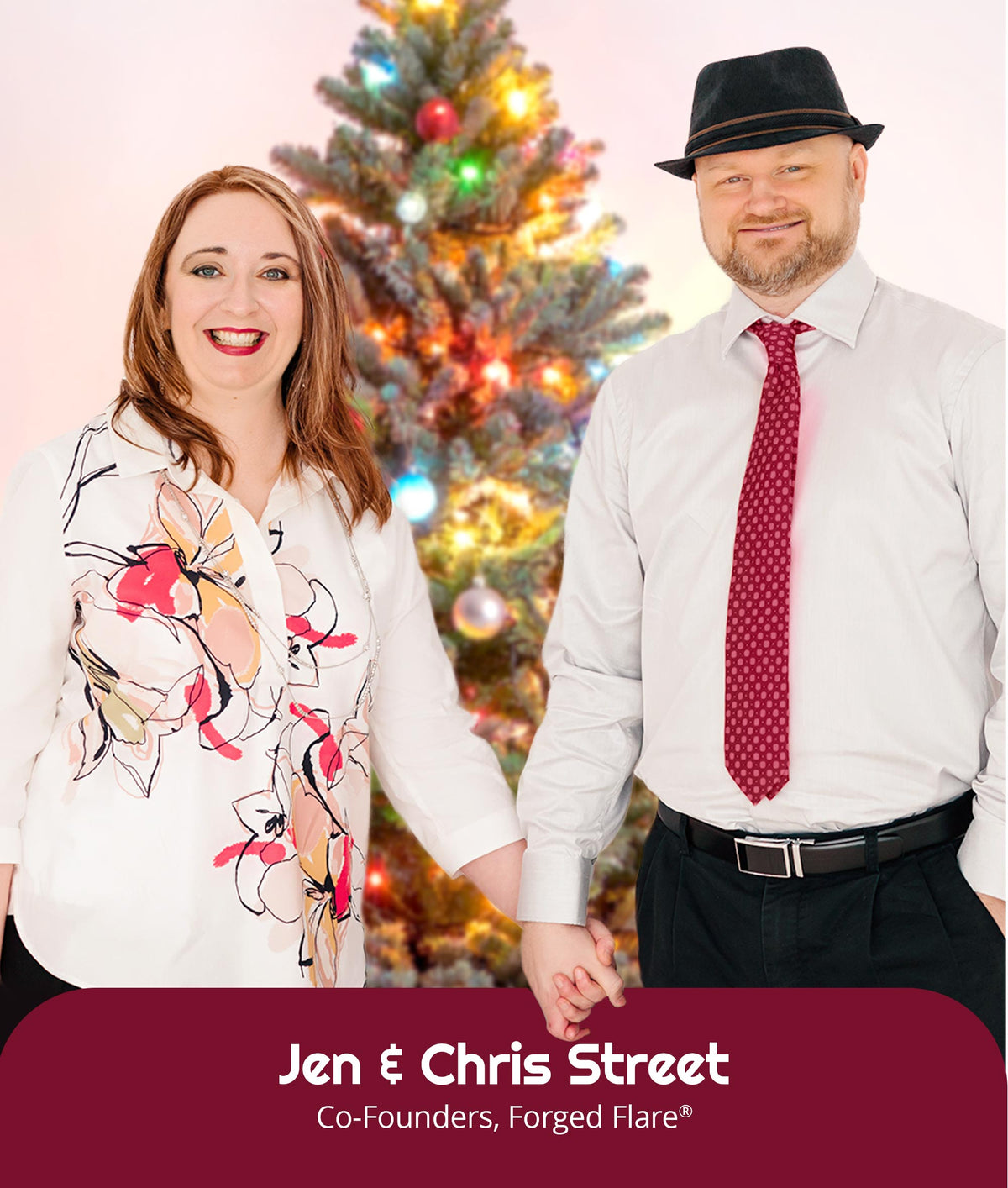 Co-Founders Jen and Chris Street standing in front of a decorated Christmas tree. Text reads Jen & Chris Street, Co-Founders, Forged Flare.