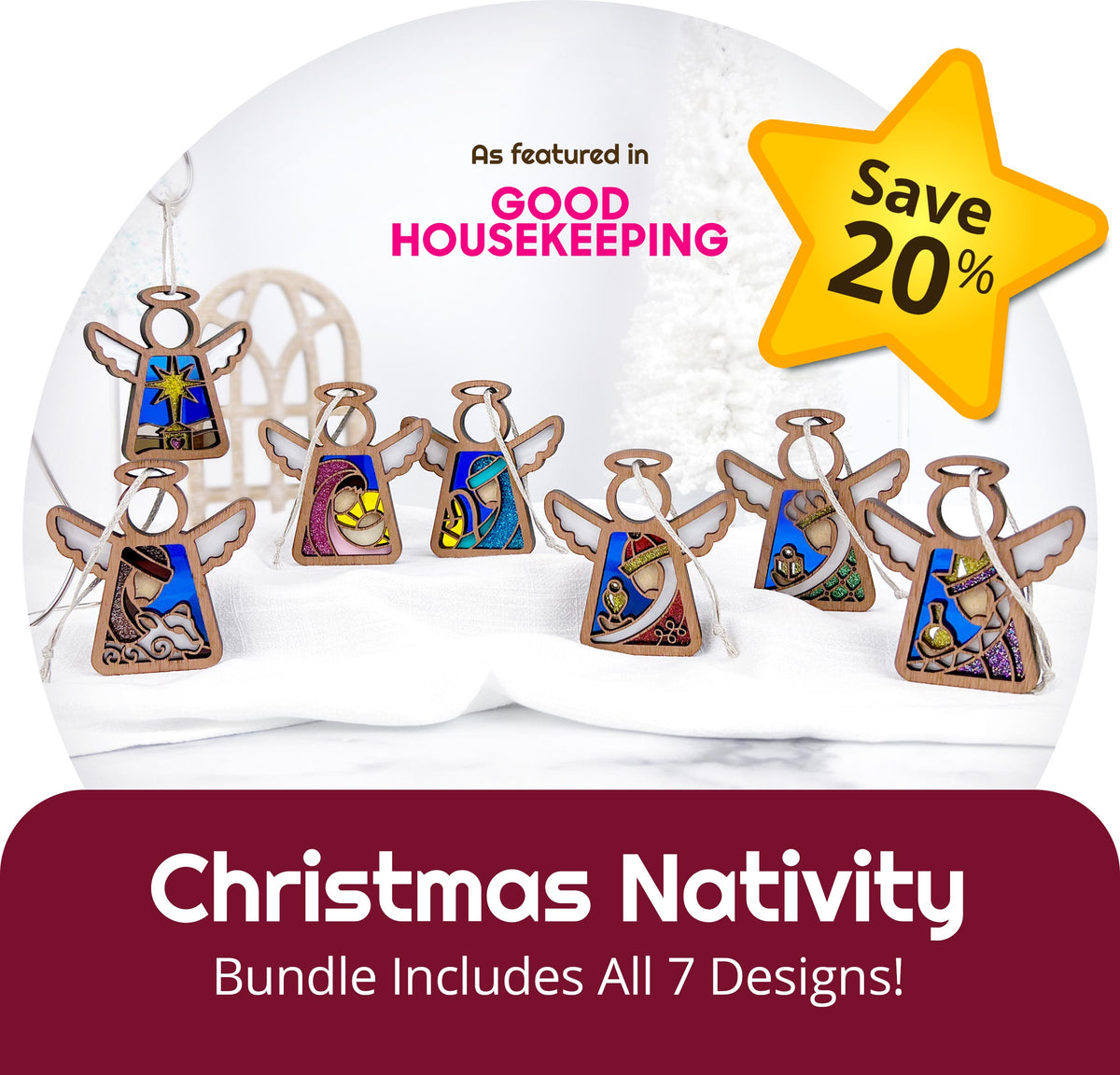 Seven stained glass-style Christmas Nativity Set Bundle ornaments from Forged FlareĀ®āincluding a 3.5" (H) Mother's AngelsĀ® figurineāare displayed, with a yellow star reading āSave 20%ā and text: āIncludes All 7 Designs for Nativity decor!ā.