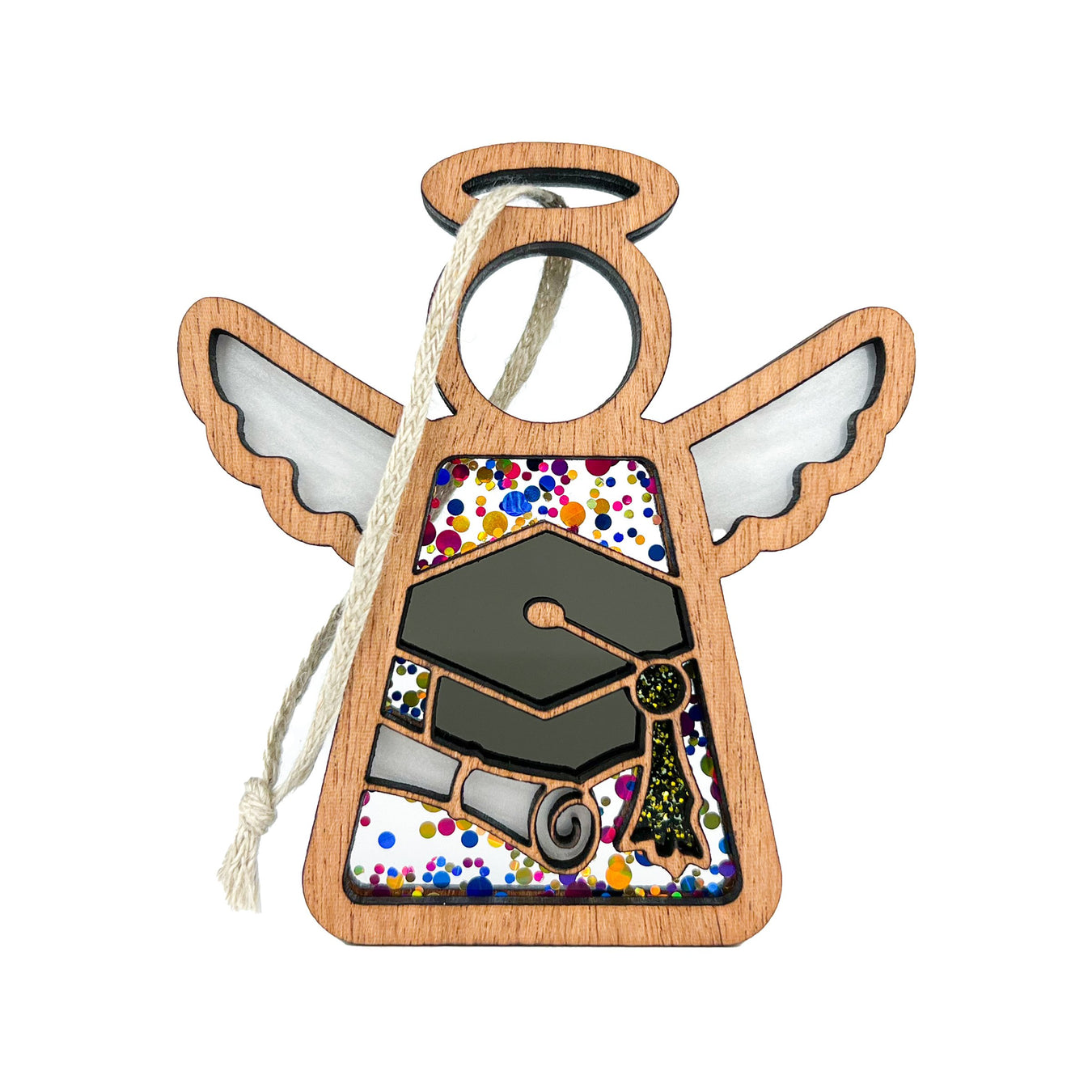 A Mother’s Angels® ornament styled as a graduation cap, perfect as a graduation gift or a graduation present for her, celebrating academic achievement.