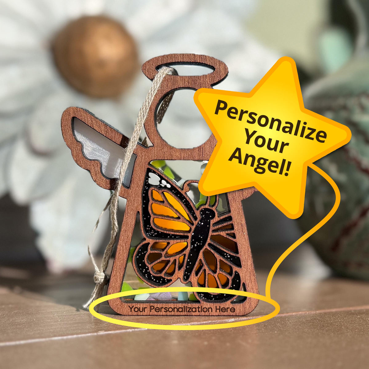 Handmade butterfly themed Mother's Angels® figurine showing personalization area circled for custom names or dates.