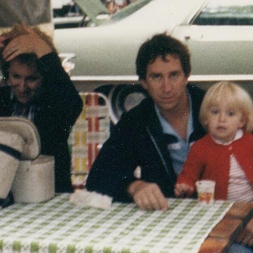 Vintage photo of Jen, her mom and dad at their campsite in the 1980s.