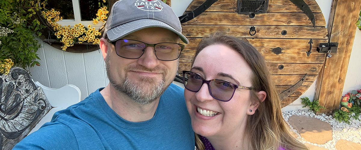Chris and Jen in front of the Hobbit house in McKinney, Texas.