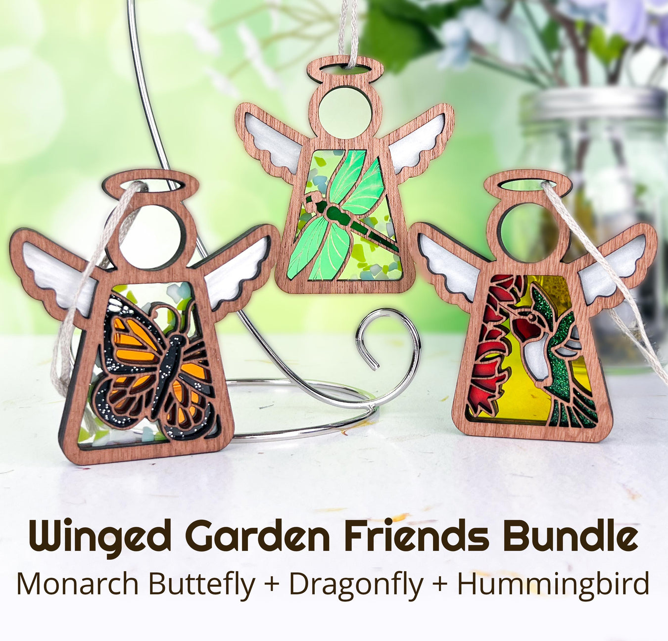 Winged Garden Friends Bundle - Monarch Butterfly, Dragonfly and Hummingbird Mother’s Angels are included.