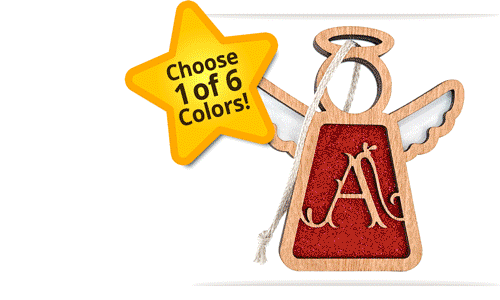 6 colorful angel ornaments scrolling through the various options. Text reads Choose 1 of 6 Colors!