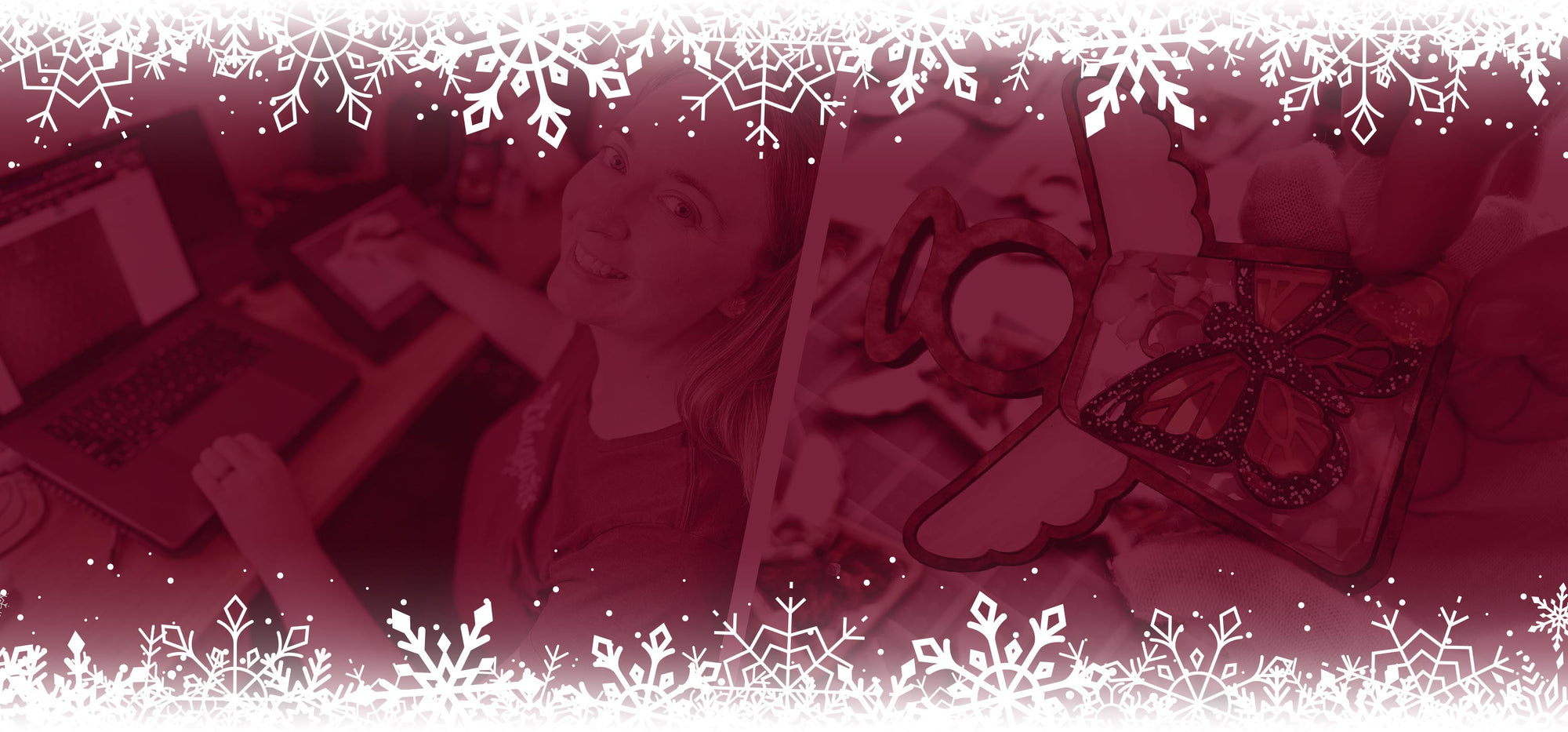 Jen Street working at a desk with laptops, surrounded by snowflake decorations, and close-up of butterfly-angel ornaments.