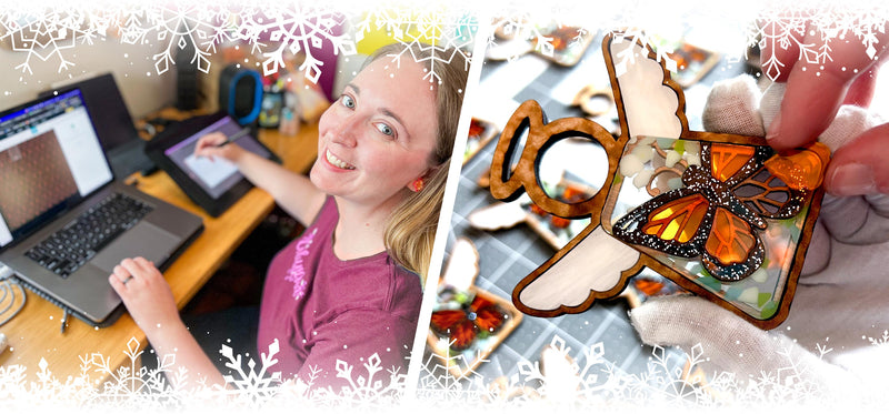 Jen Street working at a desk with laptops, surrounded by snowflake decorations, and close-up of butterfly-angel ornaments.