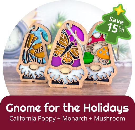 Forged Flare® Gnome for the Holidays 3-piece bundle features 3.75" Nature's Gnomes™ with nature-inspired motif hats: California Poppy, Monarch Butterfly, and Toadstool Mushroom. The perfect garden gnome gift—save 15%!.