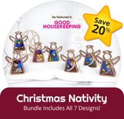 Seven stained glass-style Christmas Nativity Set Bundle ornaments from Forged Flare®—including a 3.5" (H) Mother's Angels® figurine—are displayed, with a yellow star reading “Save 20%” and text: “Includes All 7 Designs for Nativity decor!”.