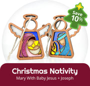 Set of 2 Mother's Angels® figurines by Forged Flare®: stained-glass style wooden angels featuring the Holy Family. "Save 10%" label. Christmas Nativity 2-Piece Bundle – Mary with Baby Jesus & Joseph, 3.5" (H) each.
