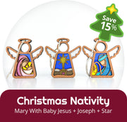 Save 15%! Forged Flare® Christmas Nativity 3-Piece Bundle—includes 3.5" Mother's Angels® figurines of Mary with baby Jesus, Joseph, and a star. Stained-glass style holiday set. “Christmas Nativity: Mary With Baby Jesus + Joseph + Star.”.