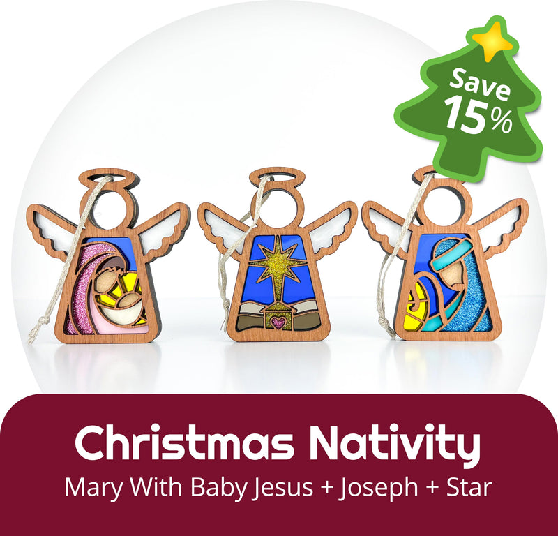 Save 15%! Forged Flare® Christmas Nativity 3-Piece Bundle—includes 3.5" Mother's Angels® figurines of Mary with baby Jesus, Joseph, and a star. Stained-glass style holiday set. “Christmas Nativity: Mary With Baby Jesus + Joseph + Star.”.