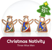 Three Forged Flare® Mother's Angels® 3.5" Wise Men figurines are displayed side by side. A green star tag says “Save 15%.” Text below: "Christmas Nativity 3-Piece Bundle - Three Wise Men Angel Figurines.