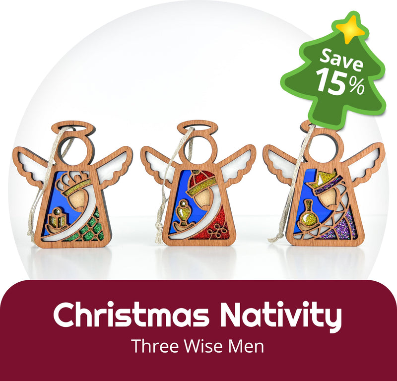 Three Forged Flare® Mother's Angels® 3.5" Wise Men figurines are displayed side by side. A green star tag says “Save 15%.” Text below: "Christmas Nativity 3-Piece Bundle - Three Wise Men Angel Figurines.
