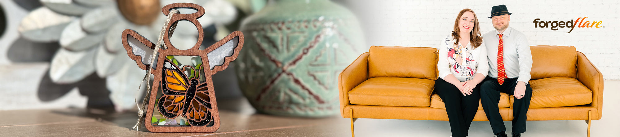 Butterfly figurine on a stand with a blurred background, followed by two people sitting on an orange couch.
