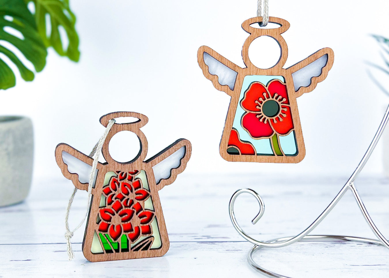 Angel ornaments featuring August birth month flowers, ideal birthday gift ideas for a wife, best friend or special women, showcasing vibrant gladiolus and poppy birth flowers in a stained glass inspired style.