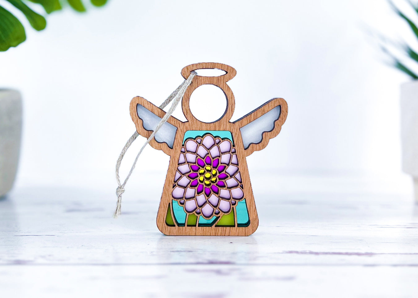 Angel ornaments featuring the November birth month flower, ideal birthday gift idea for a wife, best friend or special women, showcasing a vibrant chrysanthemum birth flower in a stained glass inspired style.