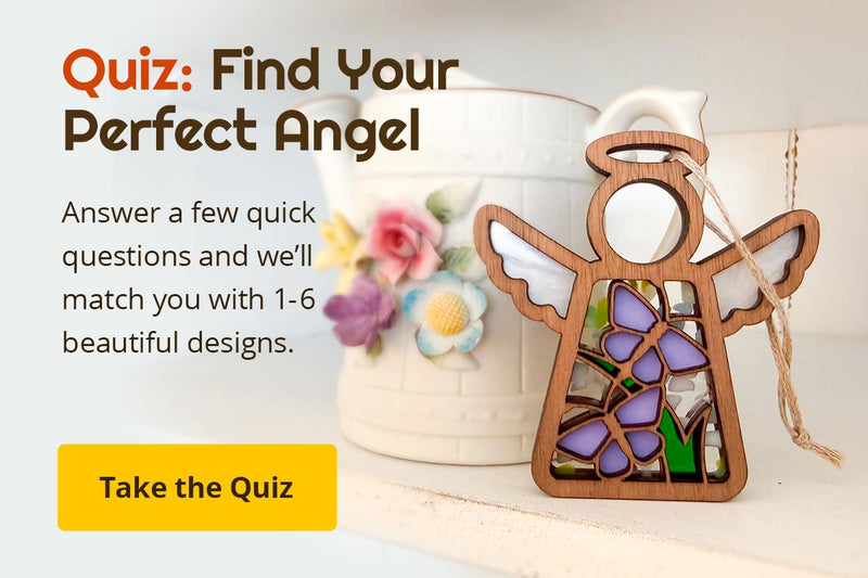 Decorative angel figure with flower vase on a white surface, accompanied by text inviting viewers to take a quiz. Text reads: Quiz - Find your Perfect Angel. Answer a few quick questions and we'll match you with 1-6 beautiful designs. Take the Quiz.