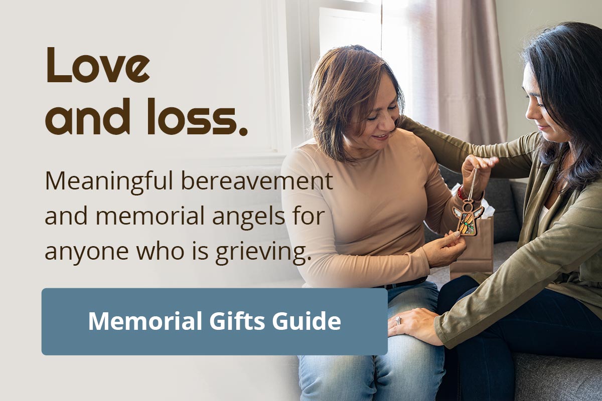 Love and loss. Meaningful bereavement and memorial angels for anyone who is grieving. Shop Memorial Gifts Guide. Mother and daughter comforting each other while holding a Mother’s Angels dragonfly ornament.