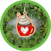 Frequently asked questions icon featuring an image of the Holiday Hot Cocoa Coffee Mug ornament hanging in the middle of a small Christmas wreath.