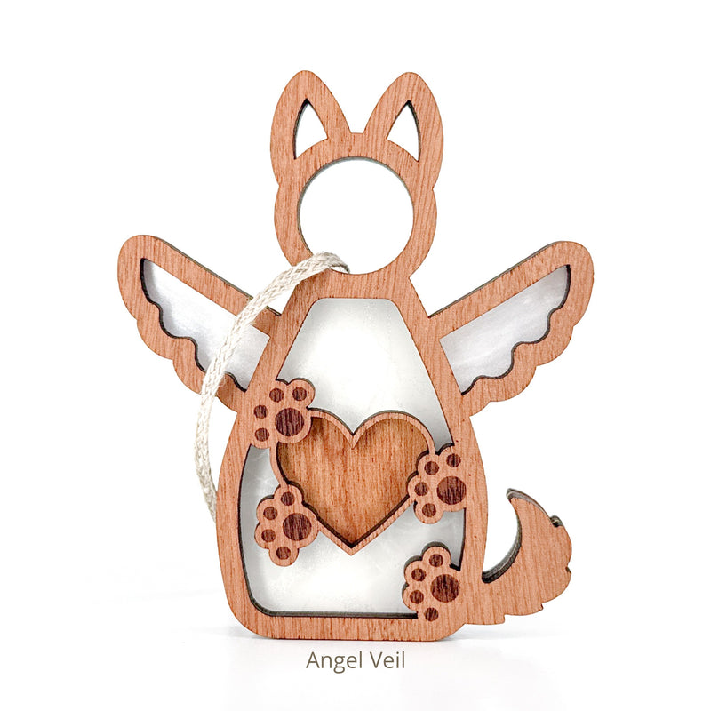 The Forged Flare® Forever By My Side Dog Angel Ornament features an angel with pointed ears, wings, a heart, and paw prints—a perfect personalized dog ornament or thoughtful gift for any dog mom. Text reads "Angel Veil".