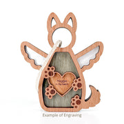 The Forged Flare® Forever By My Side Dog Angel Ornament features a wooden angel with wings, paw prints, and “Maggie In My Heart” engraving. Includes a hanging string—perfect personalized gift for dog lovers. Text reads "Example of Engraving".