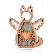 The Forged Flare® Forever By My Side Dog Angel Ornament is a whimsical dog-shaped wooden ornament with wings, heart, paw prints, tail, and hanging cord. Perfect as a personalized dog lover gift. Text reads "Ashen Breeze".
