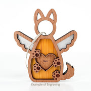 The Forged Flare® Forever By My Side Dog Angel Ornament is a wooden angel with dog ears, wings, tail, paw prints, and a "Bear" heart engraving. Includes string for hanging. Perfect for dog lovers. Text reads "Example of Engraving".