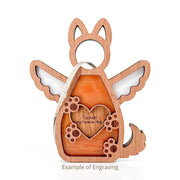 The Forged Flare® Forever By My Side Dog Angel Ornament features wings, ears, tail, and a heart with paw prints engraved “Tucker My Forever Pup.” A thoughtful gift for dog lovers.. Text reads "Example of Engraving".