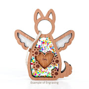 The Forever By My Side Dog Angel Ornament by Forged Flare® is a wooden angel-shaped dog with wings, a tail, and round head. Features “Zoey” engraved in a heart with colorful confetti inside and a string. Text reads "Example of Engraving".