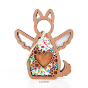 The Forever By My Side Dog Angel Ornament by Forged Flare® is a wooden angel with wings, a tail, a heart-shaped design in the center, colorful confetti, and a hanging string—a perfect dog lover gift or personalized dog memorial. Text reads "Confetti".