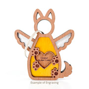 The Forged Flare® Forever By My Side Dog Angel Ornament features wings, a tail, pointed ears, and a yellow center with an engraved heart reading "Cooper My Best Friend." A thoughtful personalized memorial gift for dog lovers. Text reads "Example of Engraving".