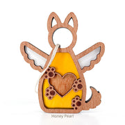The Forged Flare® Forever By My Side Dog Angel Ornament features a winged cat design with a yellow center, heart and paw accents, making it a perfect personalized pet parent or dog lover gift. Text reads "Honey Pearl".