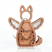 The Forged Flare® Forever By My Side Dog Angel Ornament features a wooden angel with wings, tail, and heart engraved with "Rocky" and paw prints. Ideal as a personalized dog ornament or memorial. String loop included for hanging. Text reads "Example of Engraving".