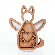 The Forever By My Side Dog Angel Ornament by Forged Flare® is a wooden ornament with pointed ears, wings, heart and paw prints, plus a hanging loop. A charming dog lover gift or personalized keepsake for any pet parent. Text reads "Natural Wood".