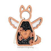 The Forever By My Side Dog Angel Ornament by Forged Flare® features wings, pointed ears, a tail, paw prints, and a heart engraved with "Duke 2026." This personalized wooden dog ornament is an ideal gift for dog lovers. Hangs from a string. Text reads "Example of Engraving".