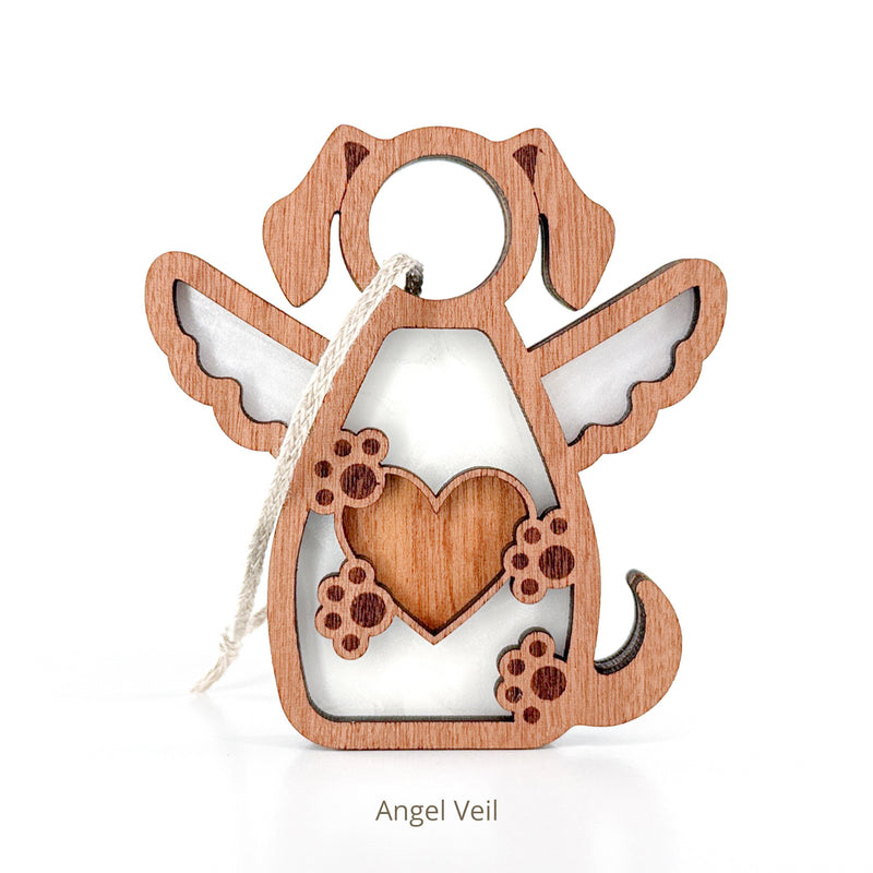 Forged Flare® Forever In My Heart Dog Angel Ornament features an angel with floppy ears and tail, holding a heart with paw prints. It makes it a heartfelt dog memorial and thoughtful gift for dog lovers. Text reads "Angel Veil".