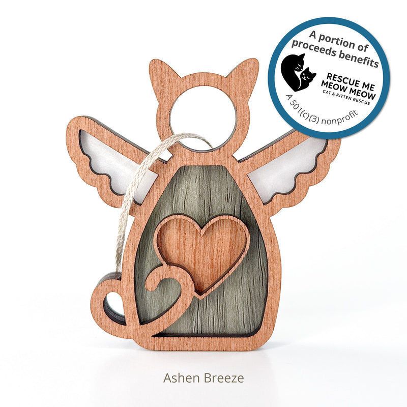 The Forged Flare® Forever Loved Cat Angel Ornament for Charity features wings, a heart cutout, and a hanging loop. A portion of proceeds supports Rescue Me Meow Meow cat & kitten rescue. Ideal as a personalized pet or cat memorial ornament.