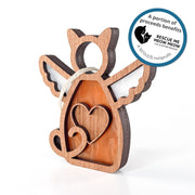 The Forged Flare® Forever Loved Cat Angel Ornament for Charity is a handcrafted wooden cat keepsake with wings, heart, white accents, and a hanging string. A blue sticker notes that proceeds benefit Rescue Me Meow Meow Cat & Kitten Rescue.