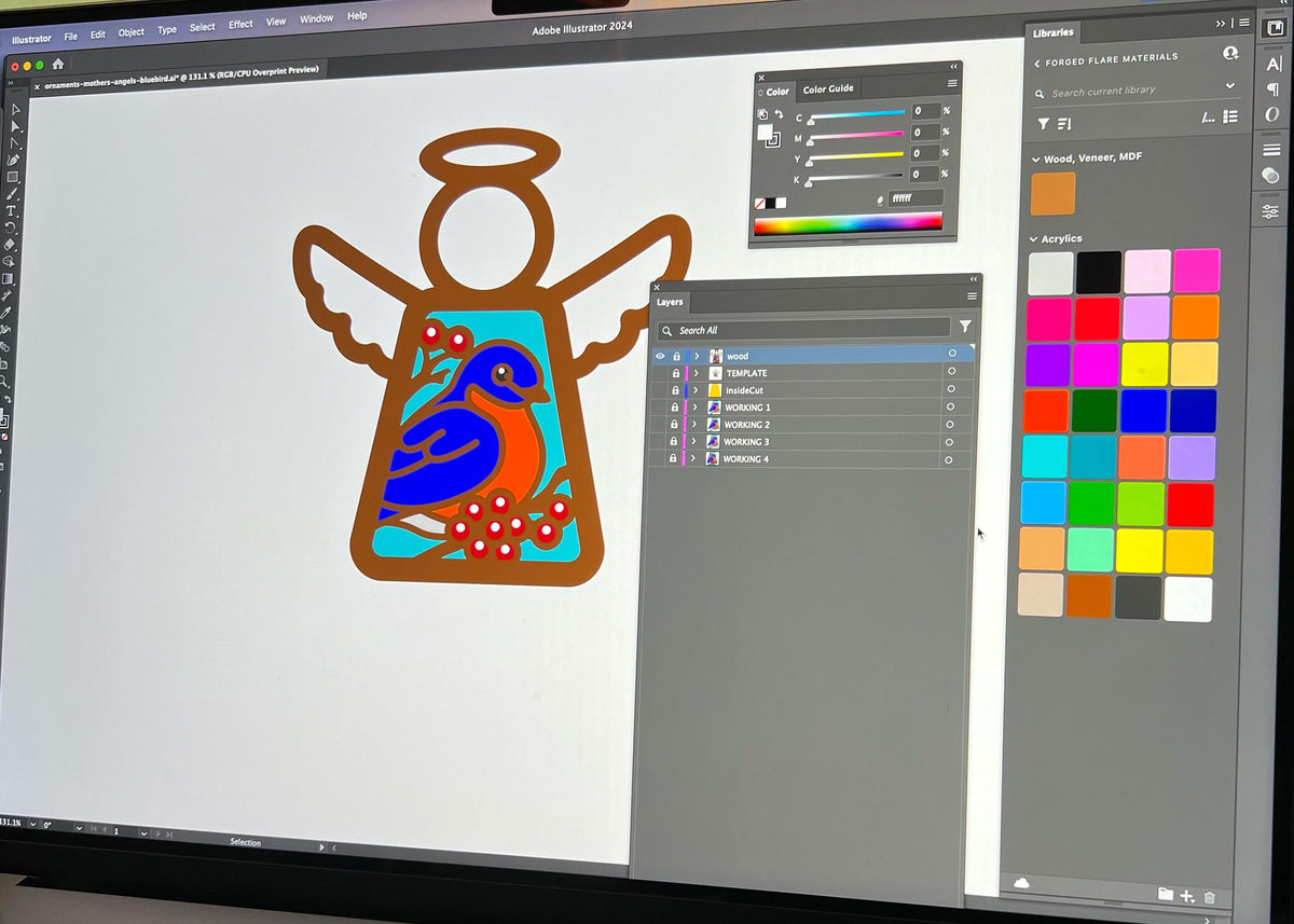 Designing a bluebird ornament in Adobe Illustrator.