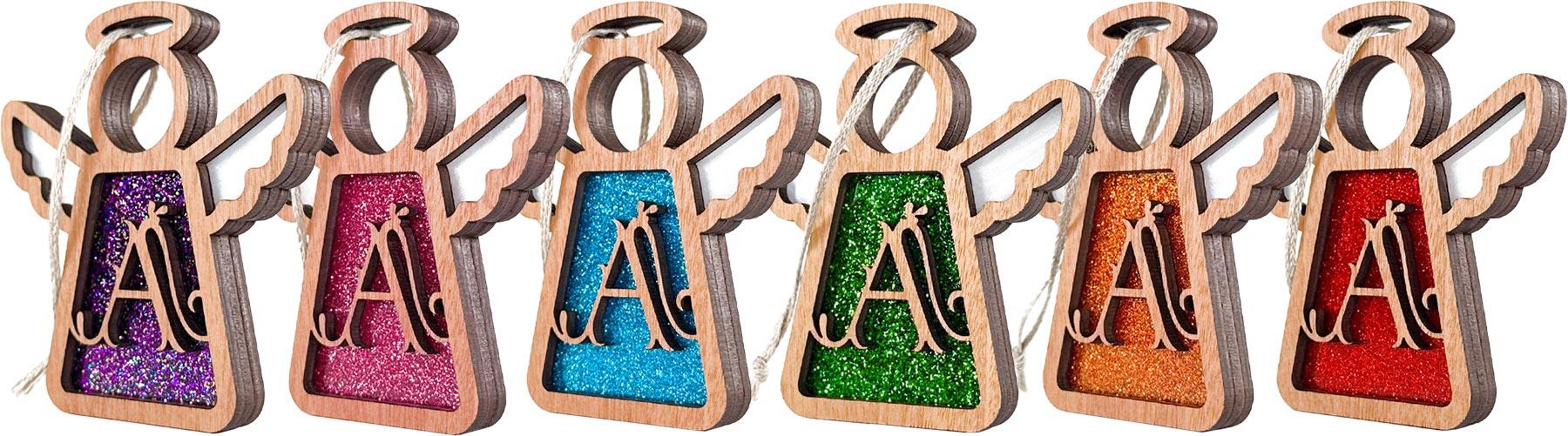 Set of colorful letter 'A' monogram ornaments  in various finishes.