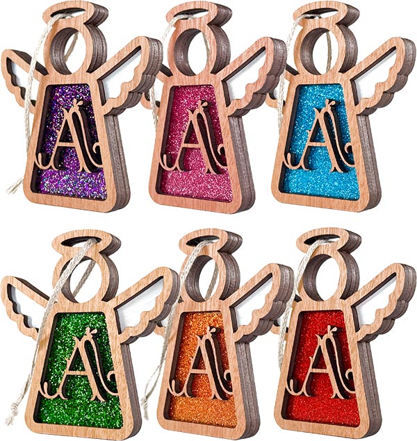 Set of six colorful angel-shaped ornaments with letter 'A' on a white background