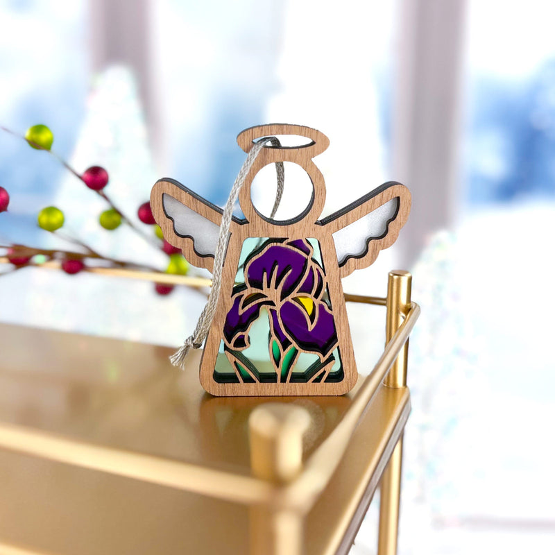 The Forged Flare® Iris Ornament | 3.5" (H) Angel Figurine from the Mother's Angels® collection features a stained glass-style floral design—ideal for adding color and charm to your angel decorations.