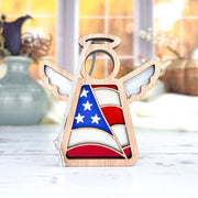 The Forged Flare® Mother's Angels® 3.5" American Flag Ornament features an angel in blue, white, and red with wings—perfect as a patriotic gift or Christmas tree ornament.