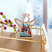 The Forged Flare® Fuchsia Ornament is a 3.5" (H) Mother's Angels® figurine with stained glass-style wings and floral details—ideal as a festive Christmas tree ornament or unique flower-themed gift.