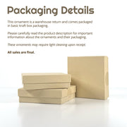 Three plain kraft boxes are stacked on a white surface. Text above details Warehouse Return packaging for the Forged Flare® Honey Bee 3.5" Mother's Angels® ornament—basic box, product info, light cleaning, all sales final on Amazon.