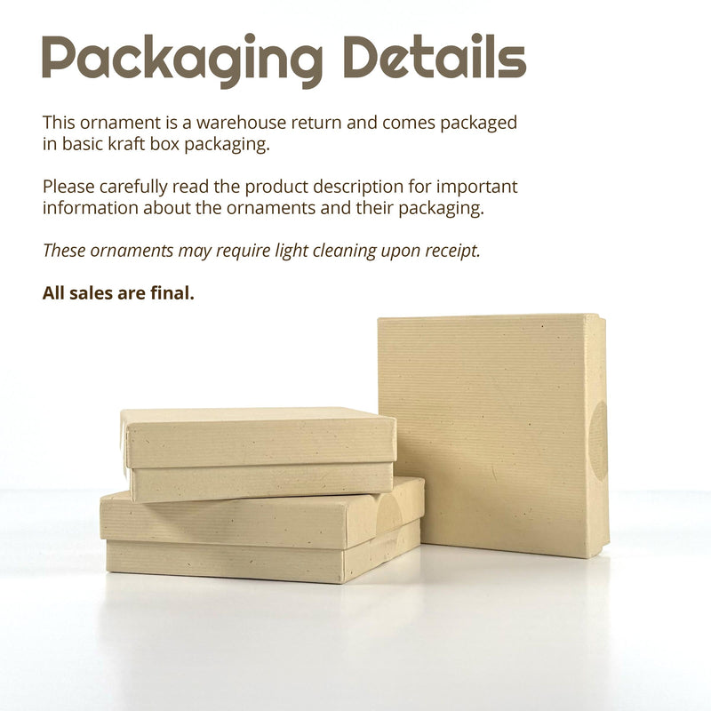 Three plain kraft boxes are stacked on a white surface. Text above details Warehouse Return packaging for the Forged Flare® Honey Bee 3.5" Mother's Angels® ornament—basic box, product info, light cleaning, all sales final on Amazon.