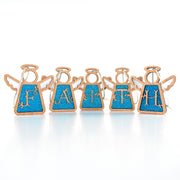 Set of five angel-shaped decorative ornaments that spell out FAITH on a white background