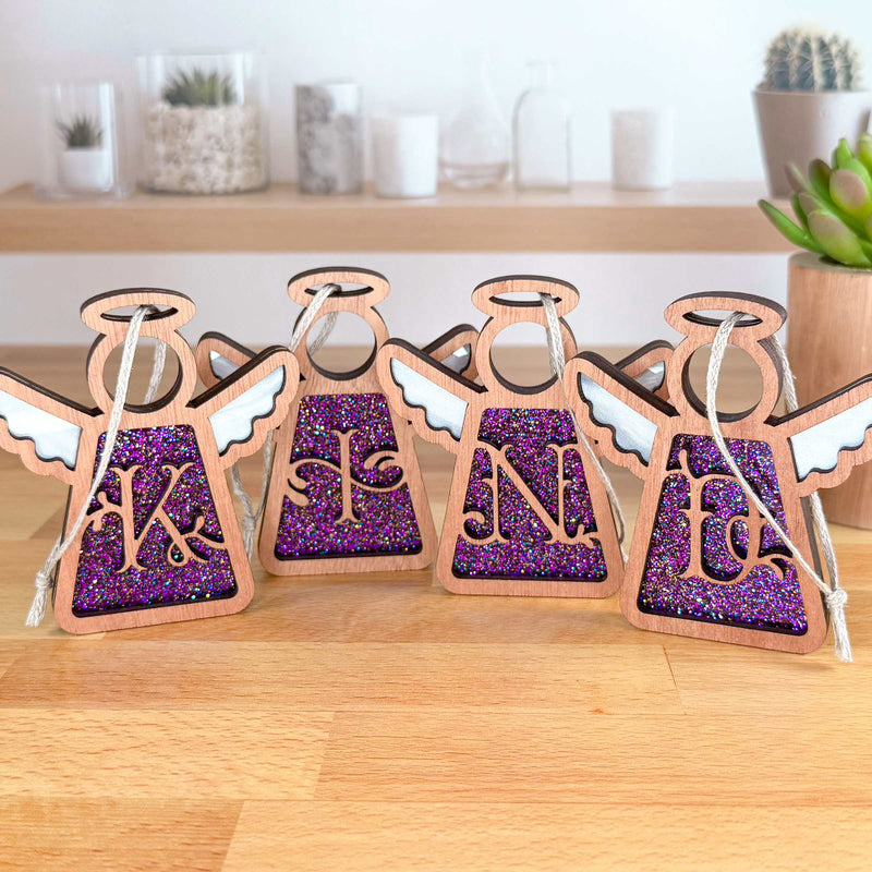 Elegant purple monogram ornament set with 'KIND' initial letters, handmade as personalized gifts for her or personalized gift ideas for Christmas.