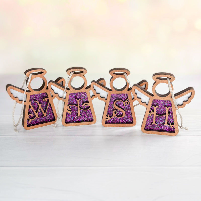 Elegant purple monogram ornament set spelling 'WISH' with glittery initial letters, crafted as personalized ornaments for a festive holiday display.