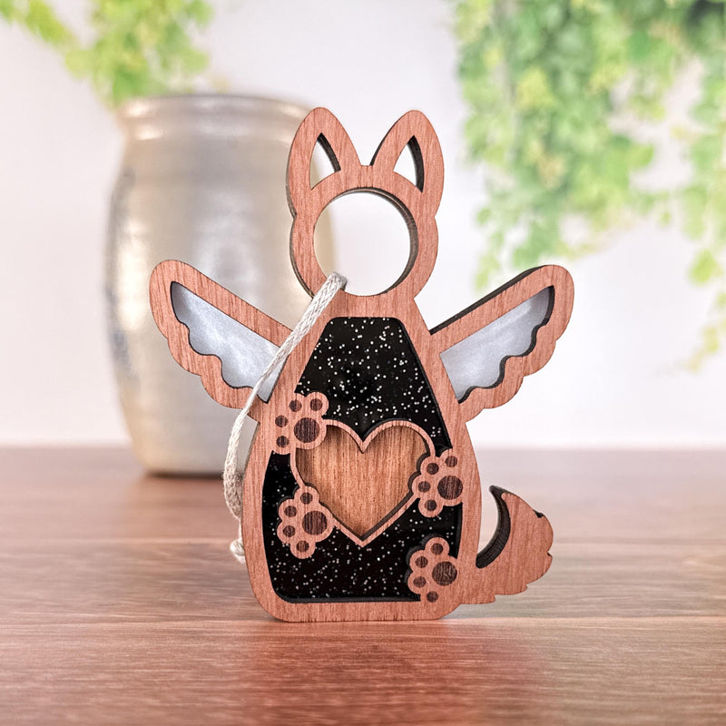 The Forged Flare® Forever By My Side Dog Angel Ornament is a wooden dog memorial with winged and heart details—an ideal gift for dog lovers.